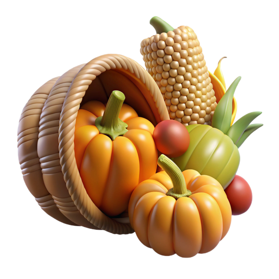 mesmerizing minimalist Woven cornucopia overflowing with pumpkins, gourds, anears of corn, warm lighting, side view, isolateon transparent background,high-resolution product photography impeccable png
