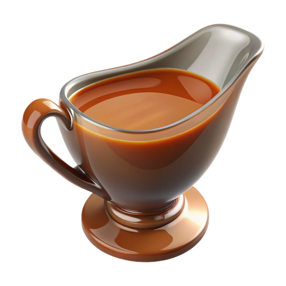 elegant memorable Glass gravy boat fillewith rich brown gravy, studio lighting, side view, isolateon transparent background,high-resolution product photography png