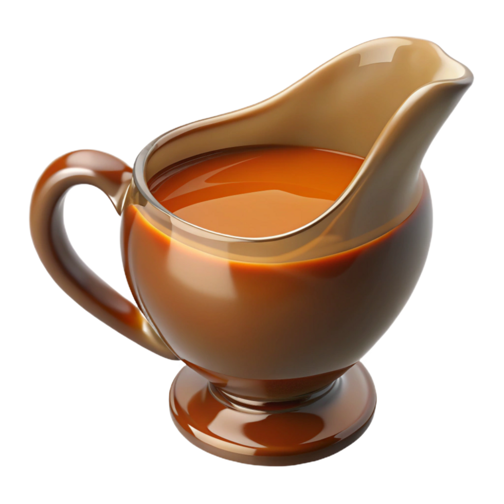 extraordinary industrial Glass gravy boat fillewith rich brown gravy, studio lighting, side view, isolateon transparent background,high-resolution product photography 4K png