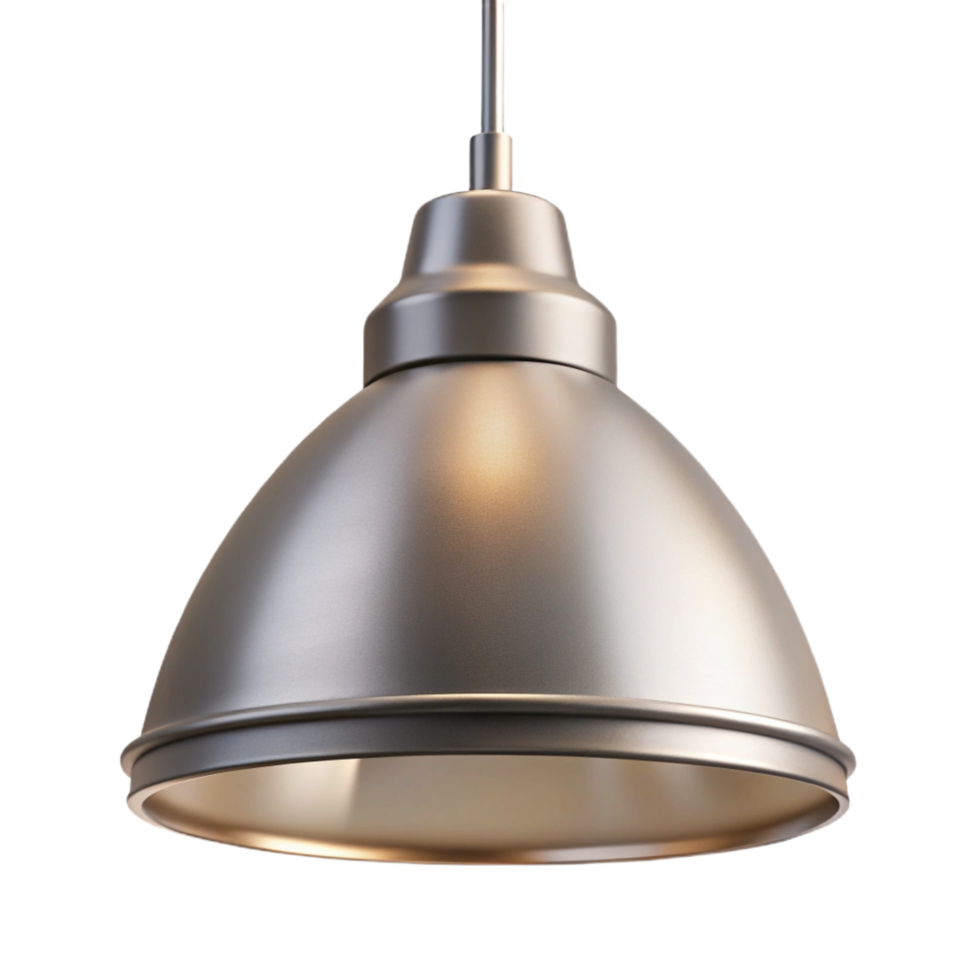 intense striking Modern pendant light, brushealuminum shade, minimalist design, soft lighting, front view, photorealistic, isolateon transparent background,high-resolution product photography artisan png