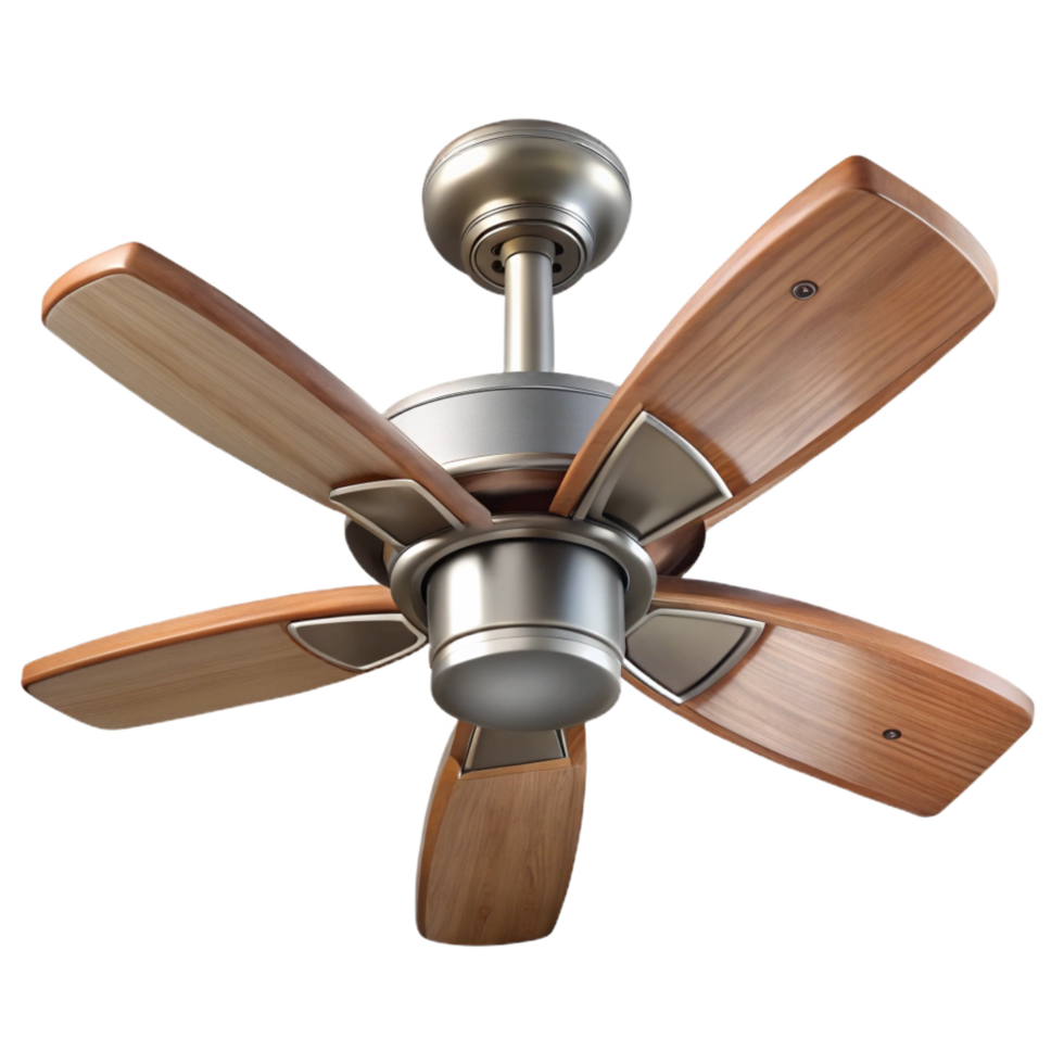 breathtaking coveteCeiling fan, wooden blades, brushenickel finish, rotating slowly, studio lighting, bottom view, photorealistic, isolateon transparent background,high-resolution product photography png