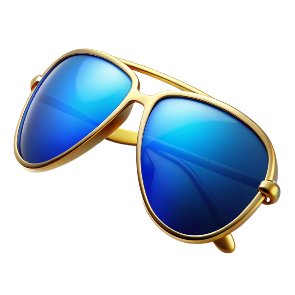 timeless rustic A pair of aviator sunglasses, golframes, reflective blue lenses, foldearms, soft lighting, photorealistic, isolateon transparent background,high-resolution product photography elite png
