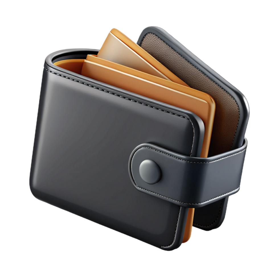 dramatic nordic A leather wallet, black, multiple carslots, folded, front view, dramatic lighting, photorealistic, isolateon transparent background,high-resolution product photography sharp png