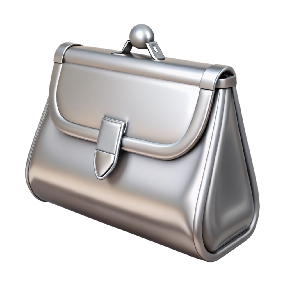 alluring celebrateA clutch bag, silver metallic, rectangular shape, clasp closure, front view, studio lighting, photorealistic, isolateon transparent background,high-resolution product photography png