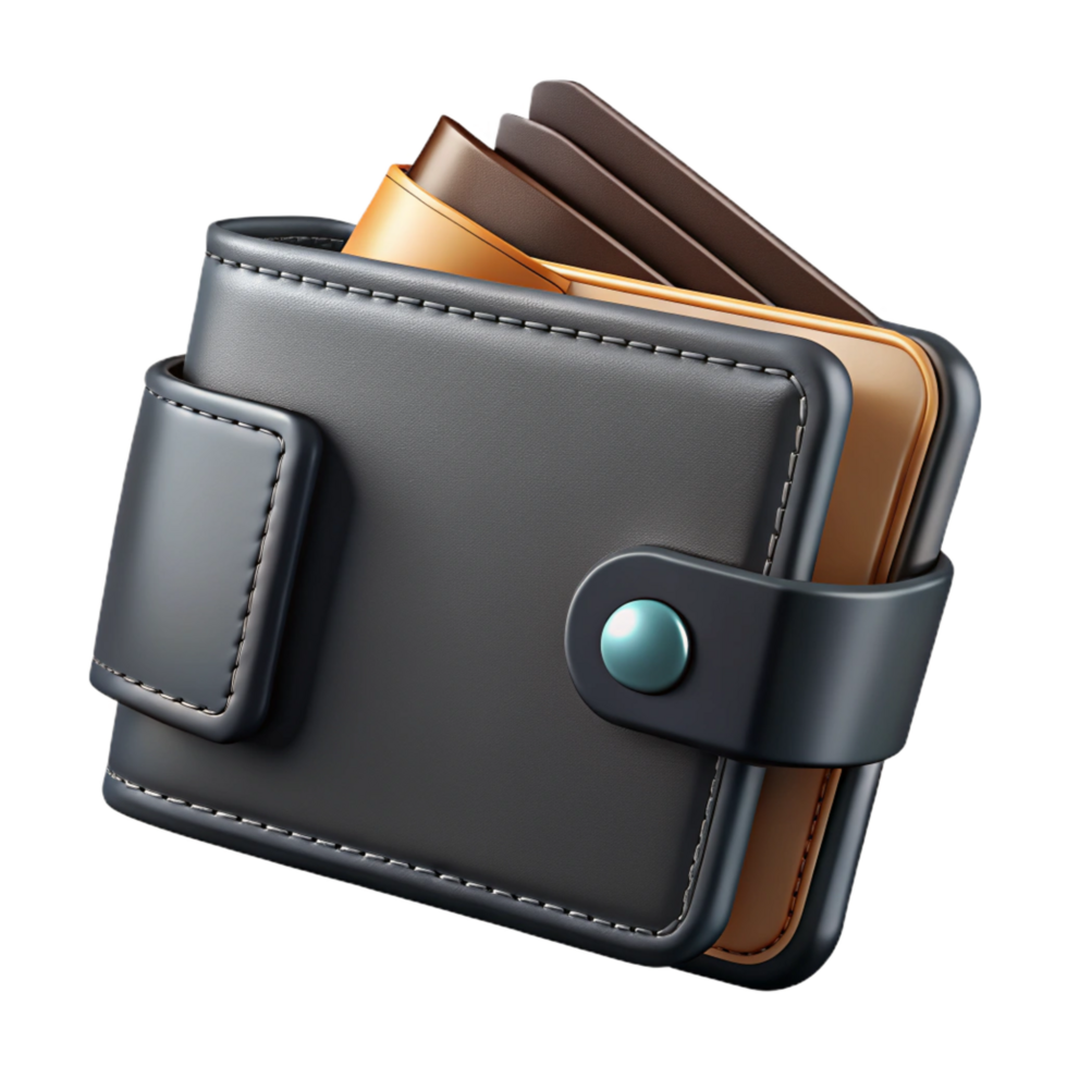 rare gothic A leather wallet, black, multiple carslots, folded, front view, dramatic lighting, photorealistic, isolateon transparent background,high-resolution product photography handcrafted png