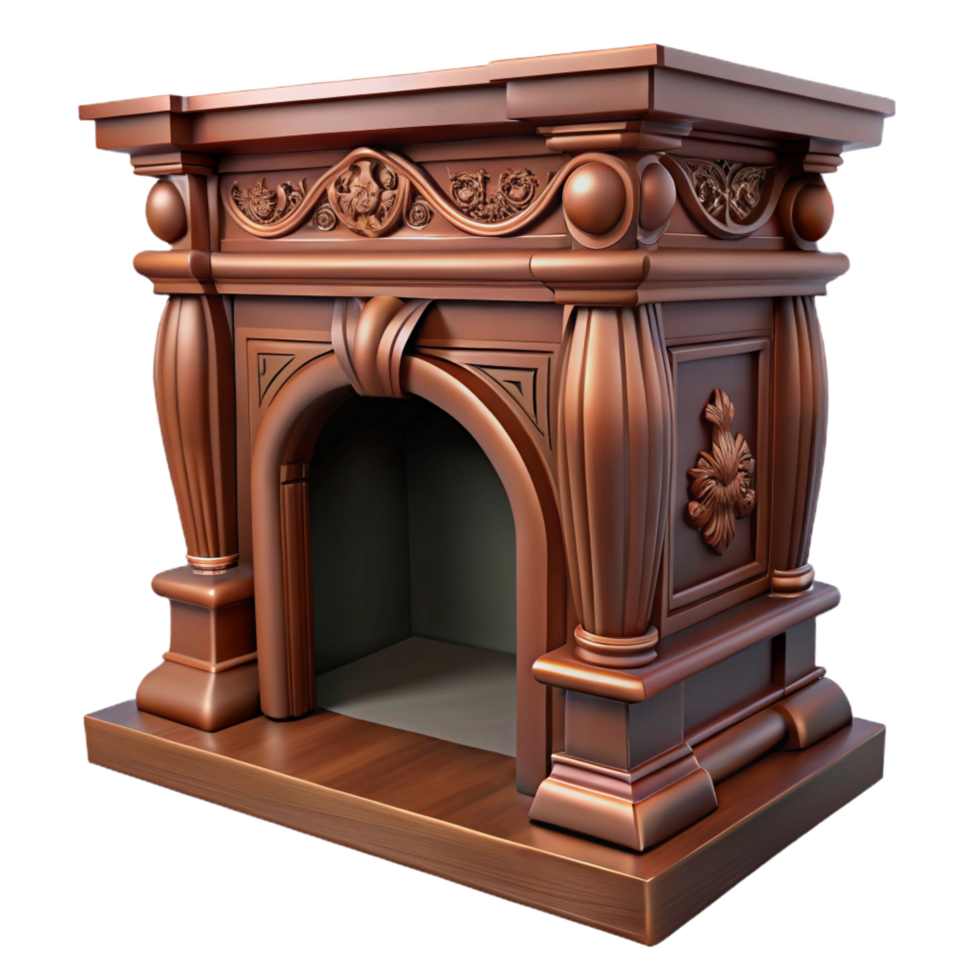 mesmerizing coastal Fireplace mantel, carvewood, dark stain finish, ornate design, front view, photorealistic, isolateon transparent background,high-resolution product photography impeccable png