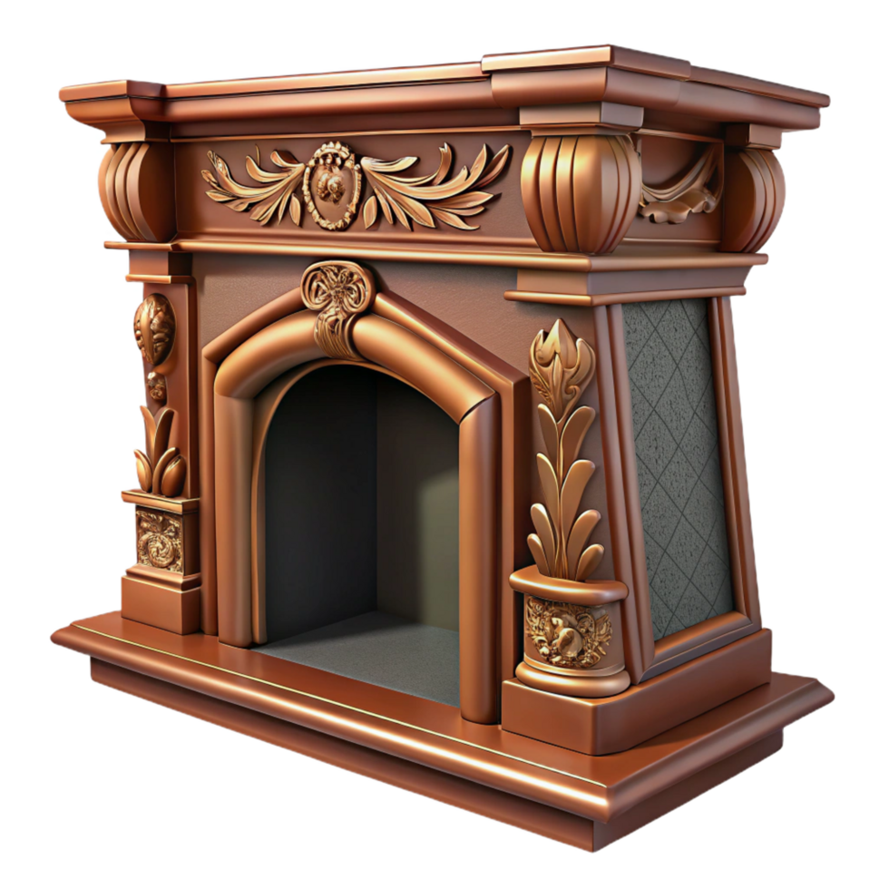 dramatic mesmerizing Fireplace mantel, carvewood, dark stain finish, ornate design, front view, photorealistic, isolateon transparent background,high-resolution product photography ultra HD png