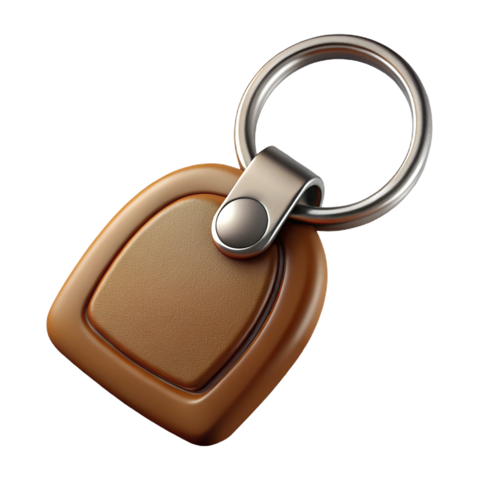 dynamic wonderful A leather keychain, brown, embosselogo, metal ring, close-up, dramatic lighting, photorealistic, isolateon transparent background,high-resolution product photography flawless png