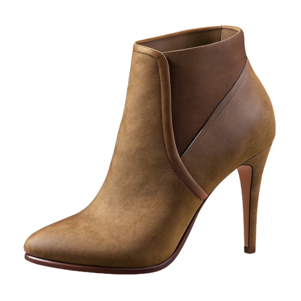 striking timeless A pair of ankle boots, brown suede, pointetoe, stiletto heel, side view, dramatic lighting, photorealistic, isolateon transparent background,high-resolution product photography png
