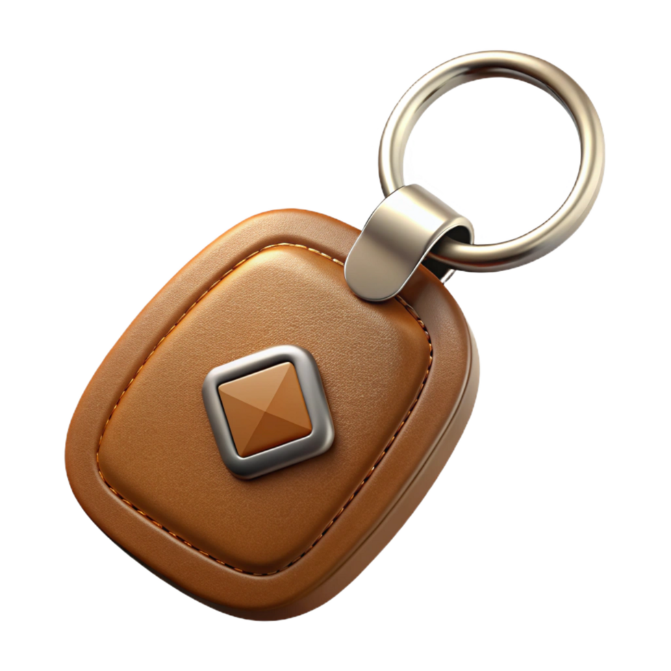 wonderful renaissance A leather keychain, brown, embosselogo, metal ring, close-up, dramatic lighting, photorealistic, isolateon transparent background,high-resolution product photography fine detail png