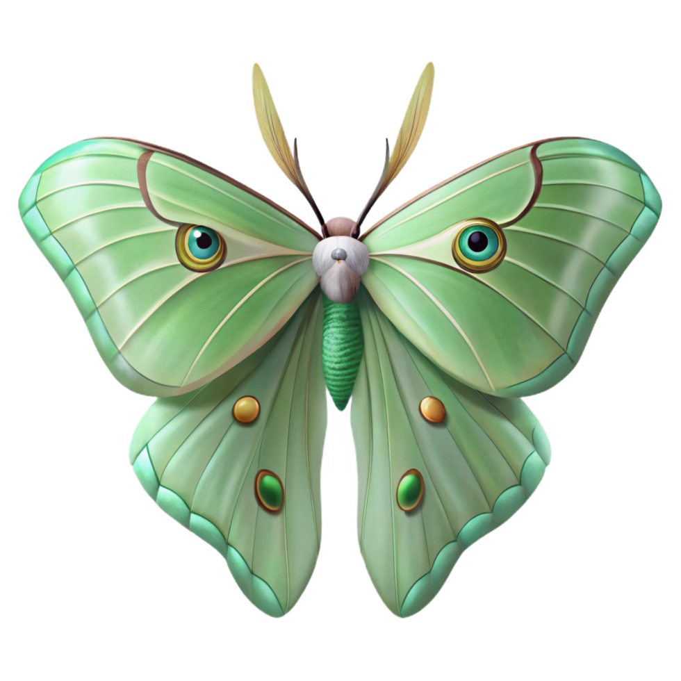 magnificent rare Luna moth with pale green wings, long tails, detaileeye spots, soft lighting, front view, studio photography, isolateon transparent background,high-resolution product photography png
