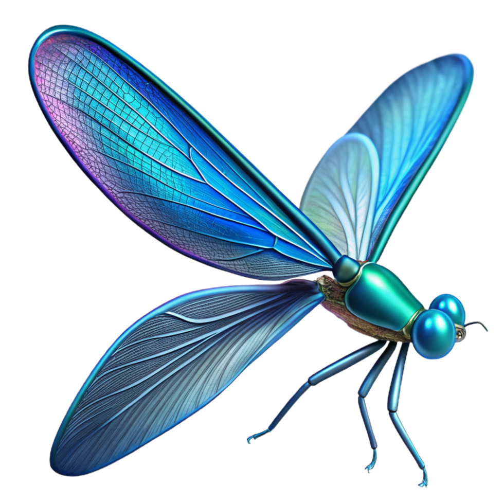exemplary victorian Damselfly with iridescent blue body, delicate wings, studio lighting, side view, studio photography, isolateon transparent background,high-resolution product photography detailed png