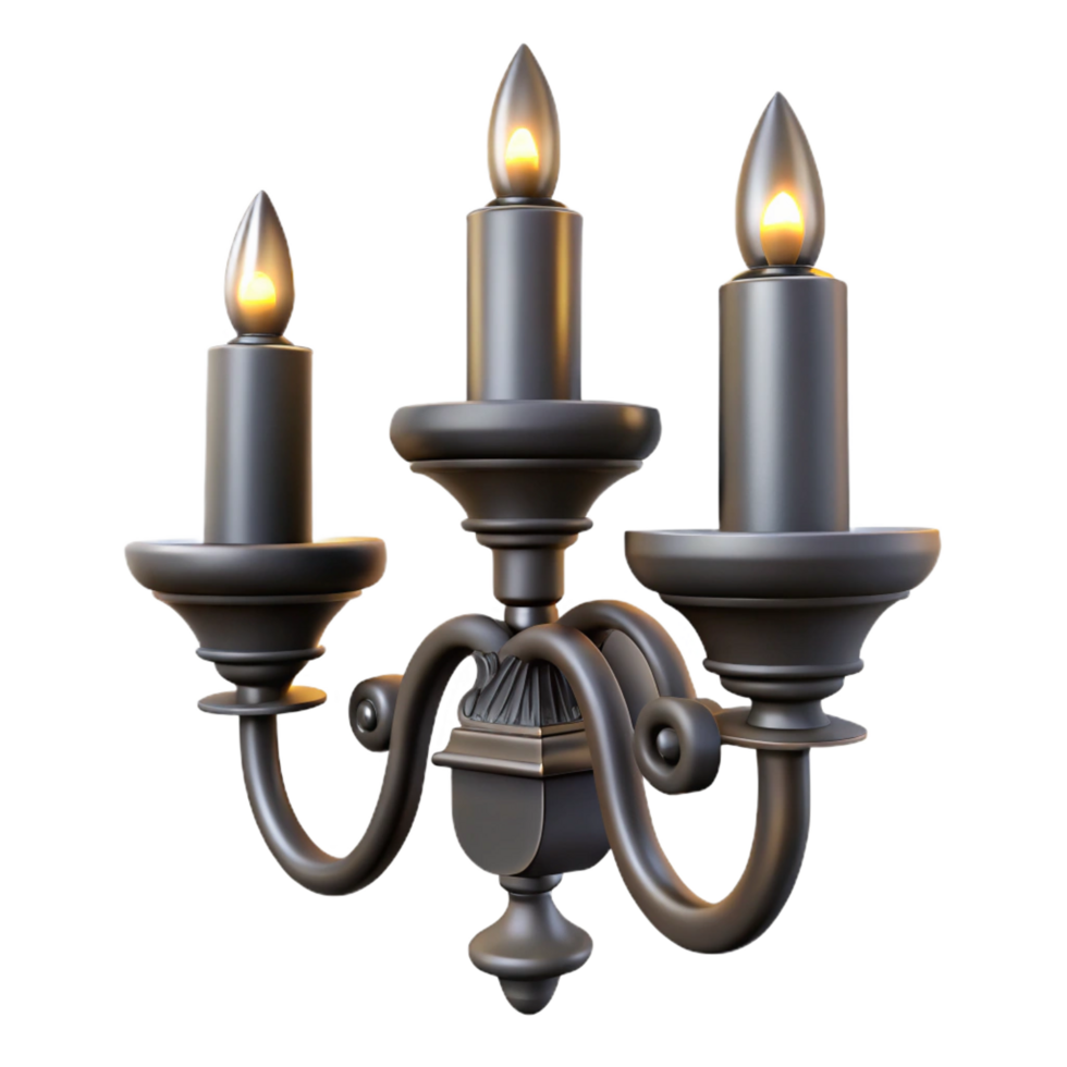 wonderful standout Ornate wall sconce, wrought iron with candle holders, matte black finish, dramatic lighting, front view, isolateon transparent background,high-resolution product photography png