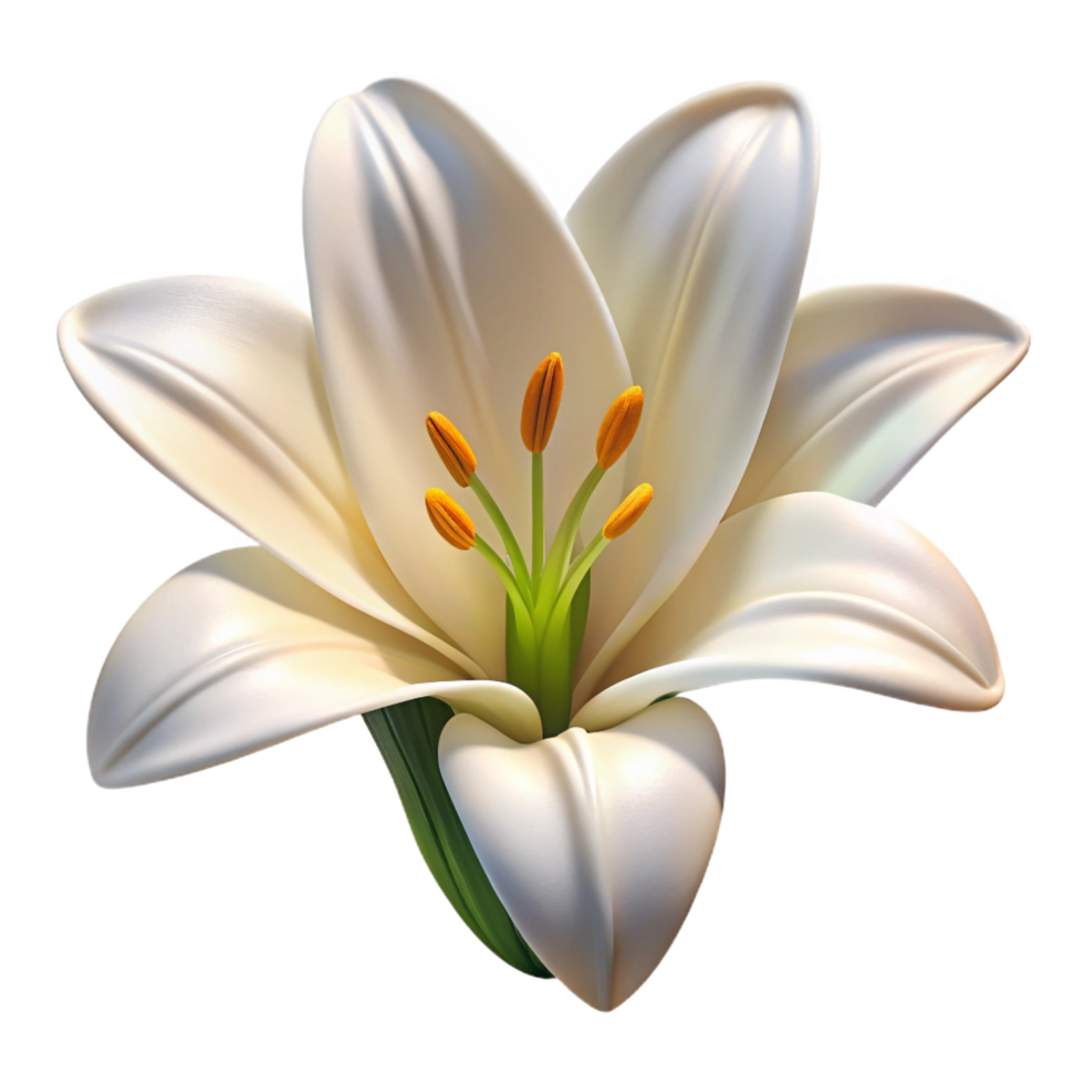 impressive sought-after White lily with fully openebloom, visible pollen, dramatic lighting, front view, isolateon transparent background,high-resolution product photography png