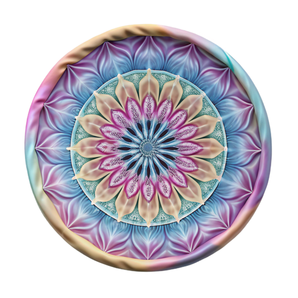 impressive signature Circular mandala tapestry, tie-dye pattern in pastel colors, soft fabric texture, studio lighting, front view, isolateon transparent background,high-resolution product photography png