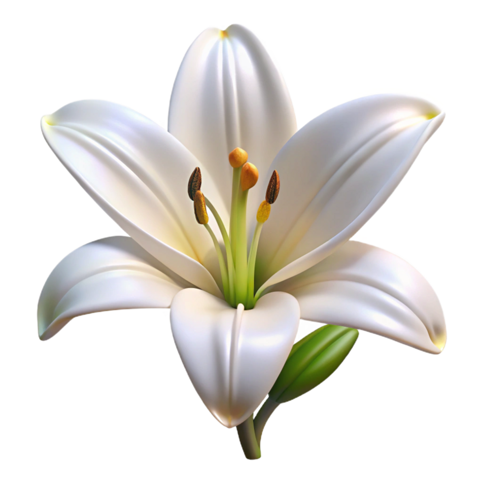 majestic peaceful classic White lily with fully openebloom, visible pollen, dramatic lighting, front view, isolateon transparent background,high-resolution product photography flawless png