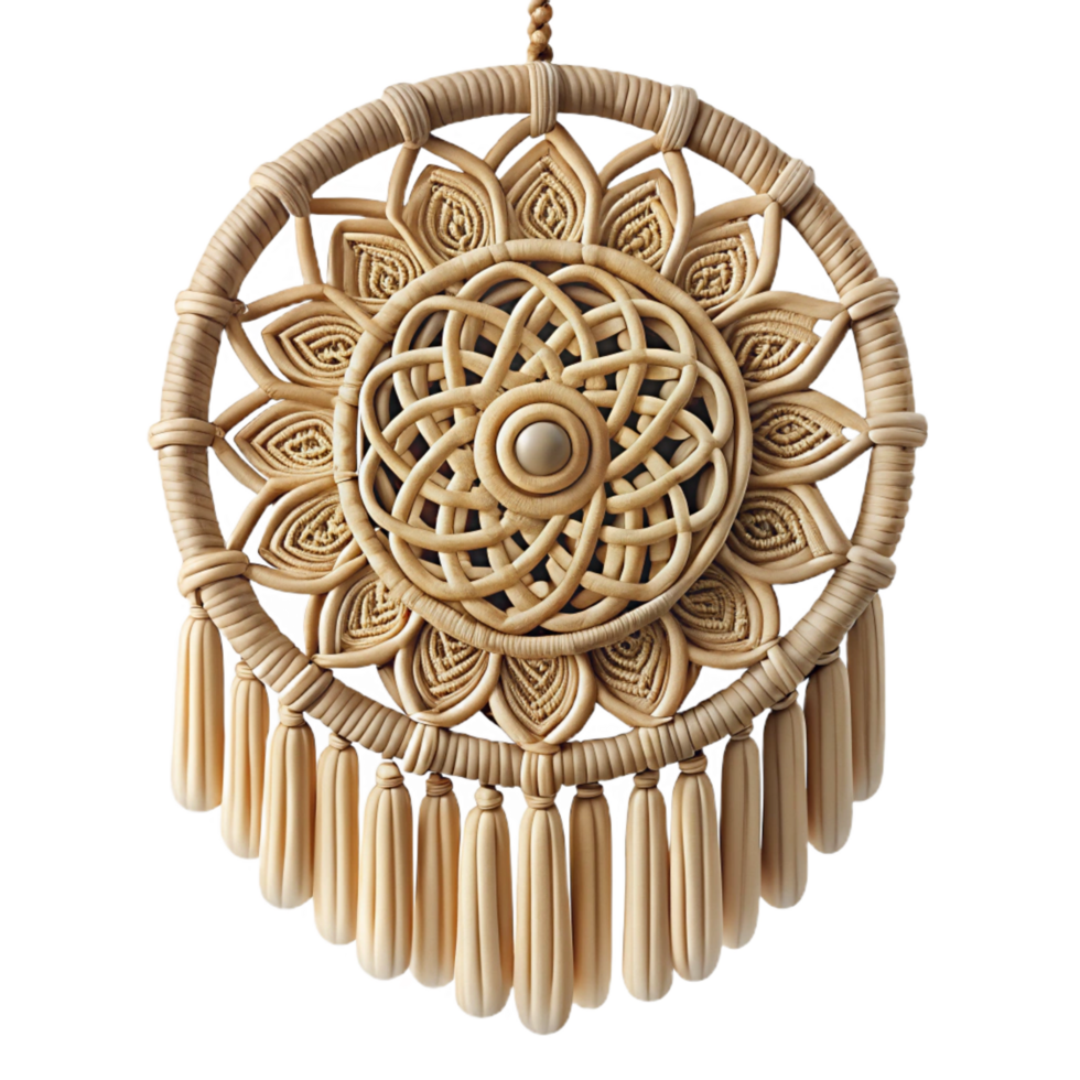 picturesque exemplary Macrame wall hanging with a mandala design, natural cotton cord, soft lighting, front view, isolateon transparent background,high-resolution product photography png