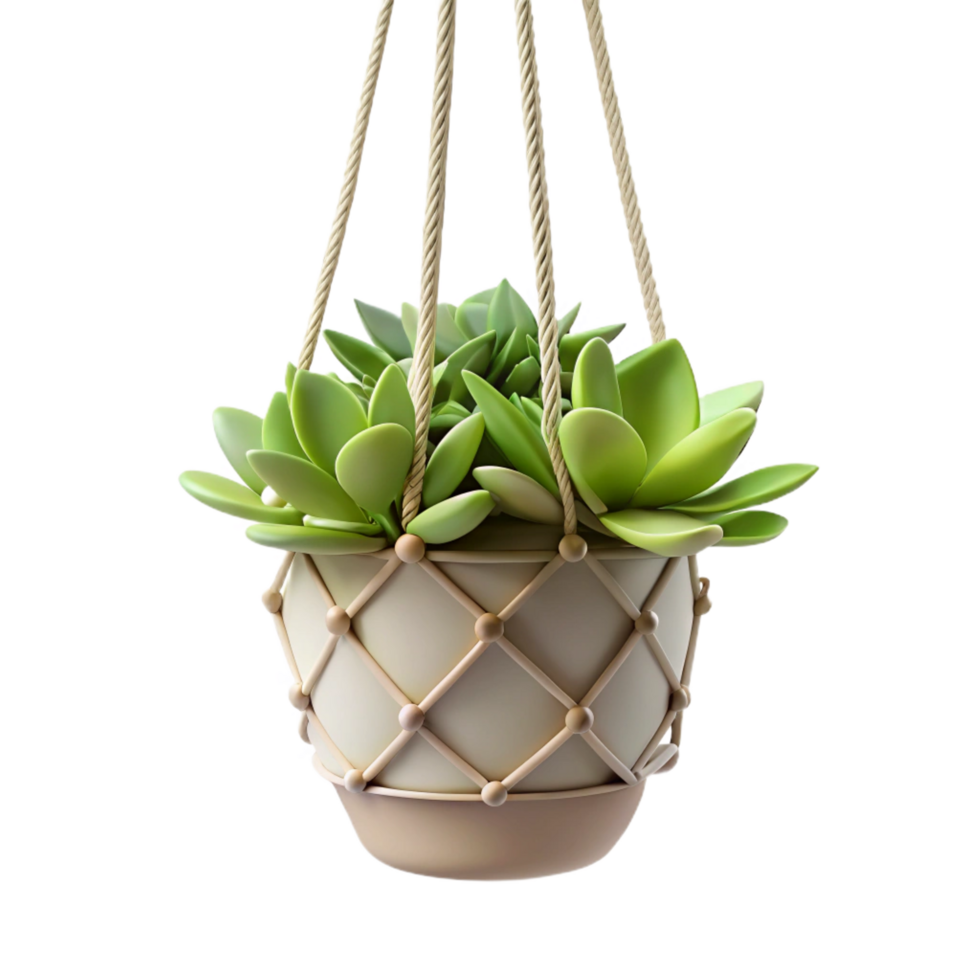 fascinating contemporary Hanging succulent arrangement in a macrame hanger, trailing vines, studio lighting, front view, isolateon transparent background,high-resolution product photography premium png