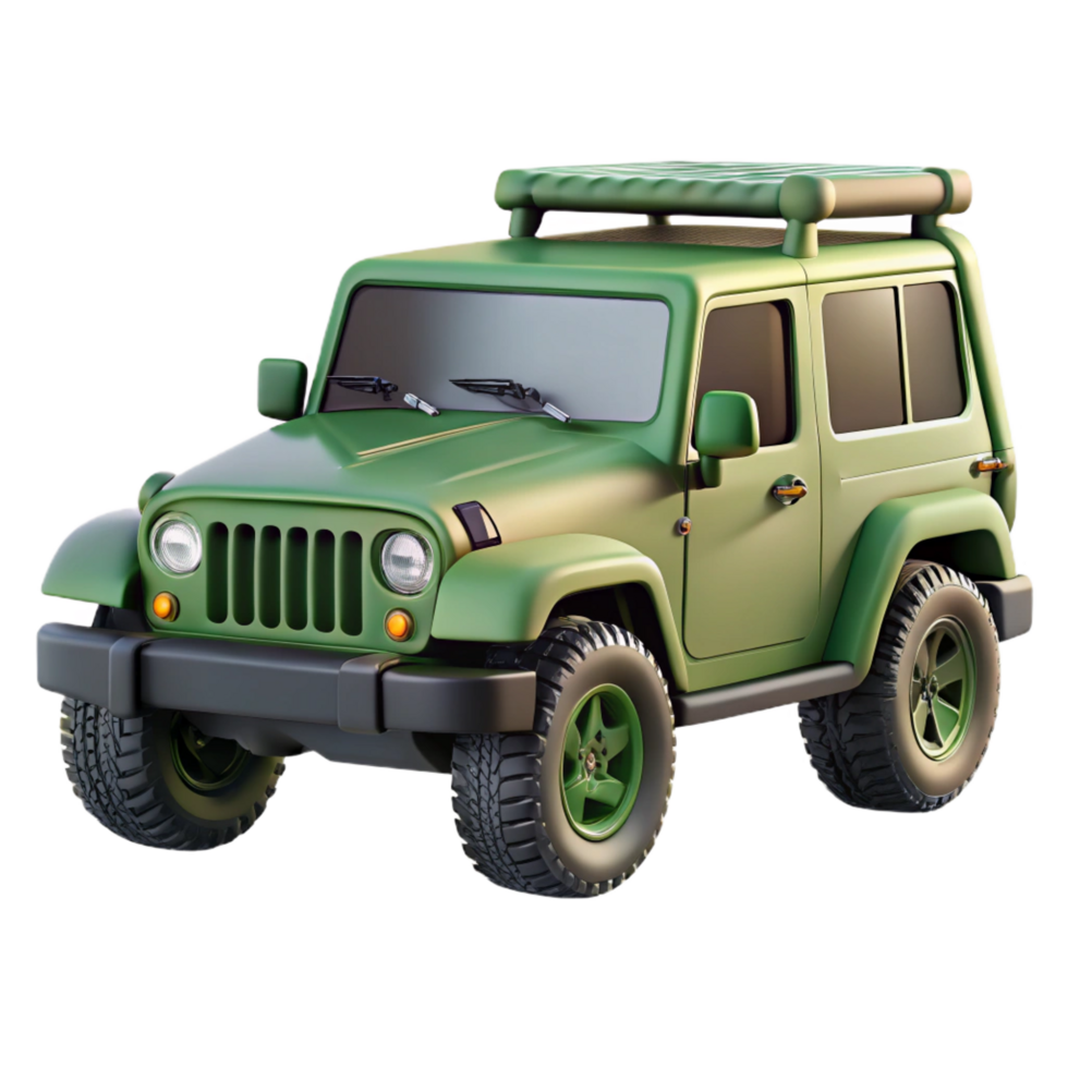 beautiful acclaimeMatte military green Jeep Wrangler, off-roatires, winch, roof rack, soft lighting, side view, render, isolateon transparent background,high-resolution product photography png
