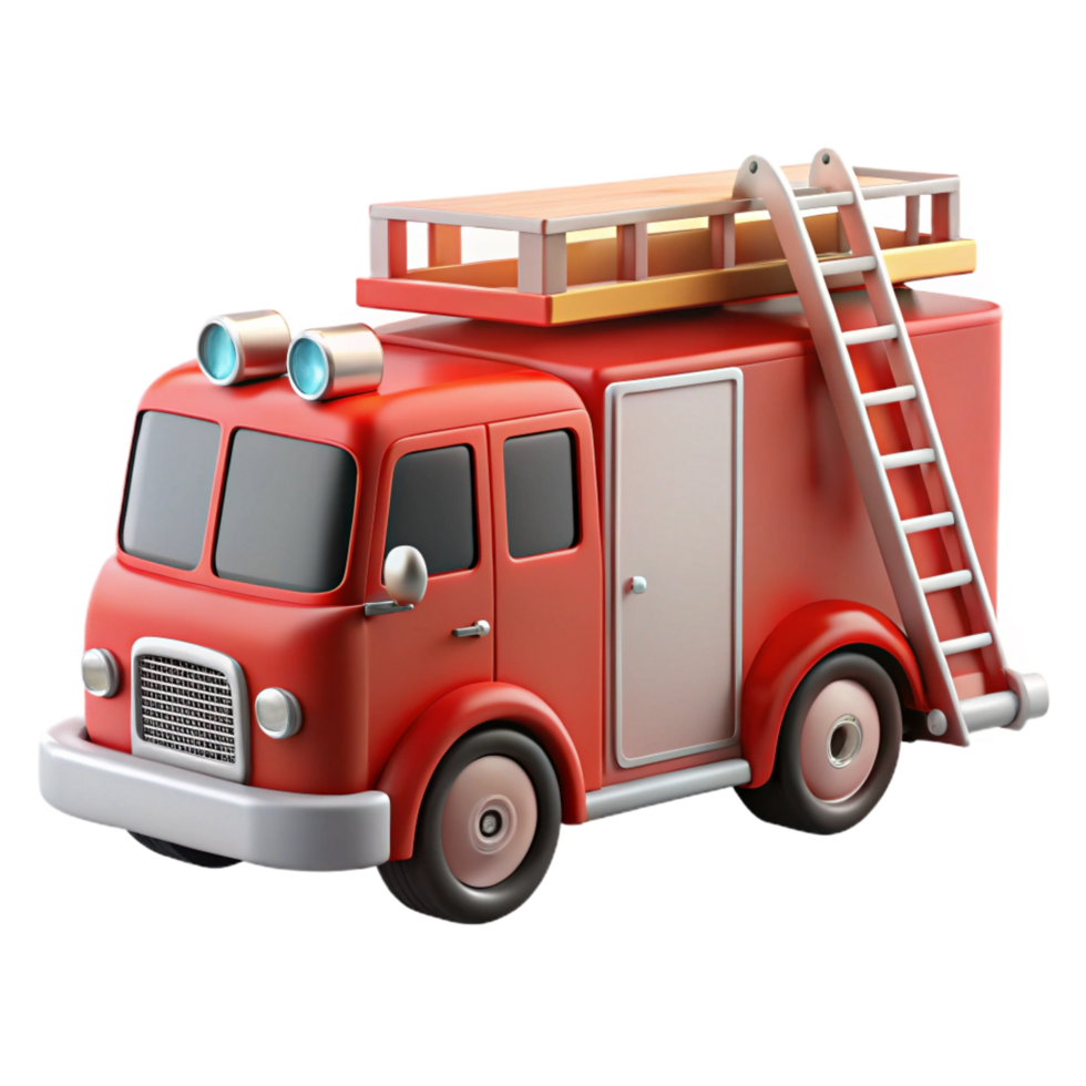 impressive exemplary Refiretruck, extendeladder, flashing lights, detailehoses, soft lighting, side view, render, isolateon transparent background,high-resolution product photography png