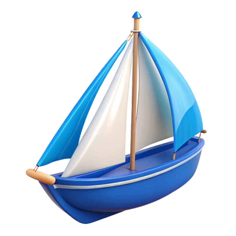joyful pristine Blue sailboat, white sails, detailerigging, studio lighting, render, isolateon transparent background,high-resolution product photography crisp png