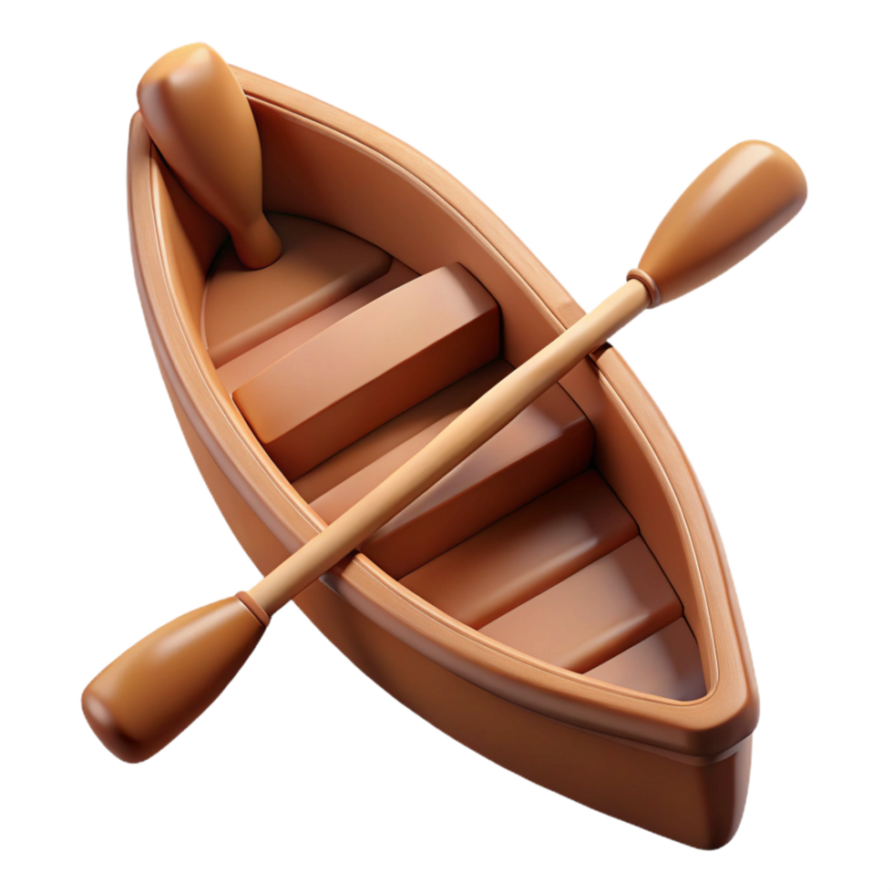 elegant romantic avant-garde Brown wooden canoe, detailepaddles, soft lighting, top-down view, render, isolateon transparent background,high-resolution product photography artisan png