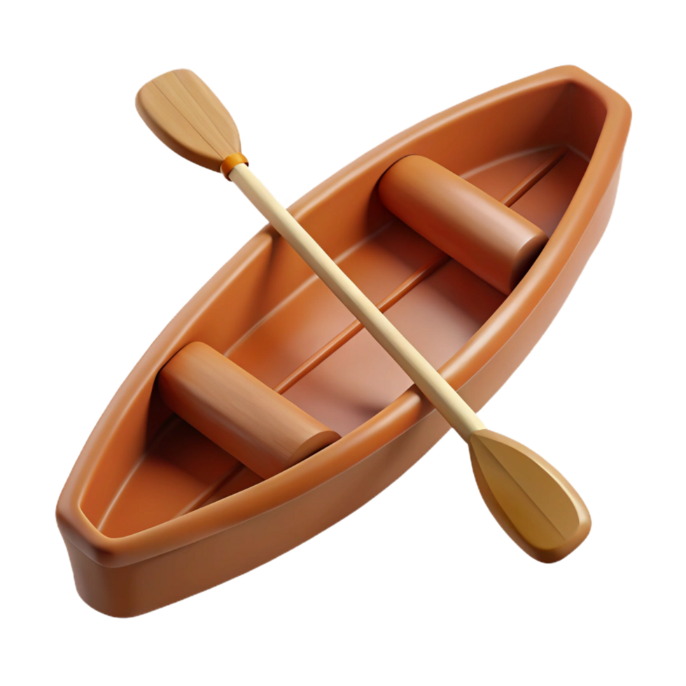 breathtaking dynamic tropical Brown wooden canoe, detailepaddles, soft lighting, top-down view, render, isolateon transparent background,high-resolution product photography perfect clarity png