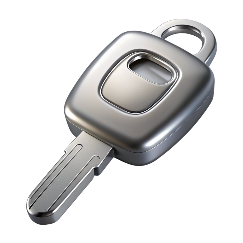 dramatic glorious Silver car key, with logo placeholder, metallic finish, soft lighting, top-down view, render, isolateon transparent background,high-resolution product photography gallery standard png