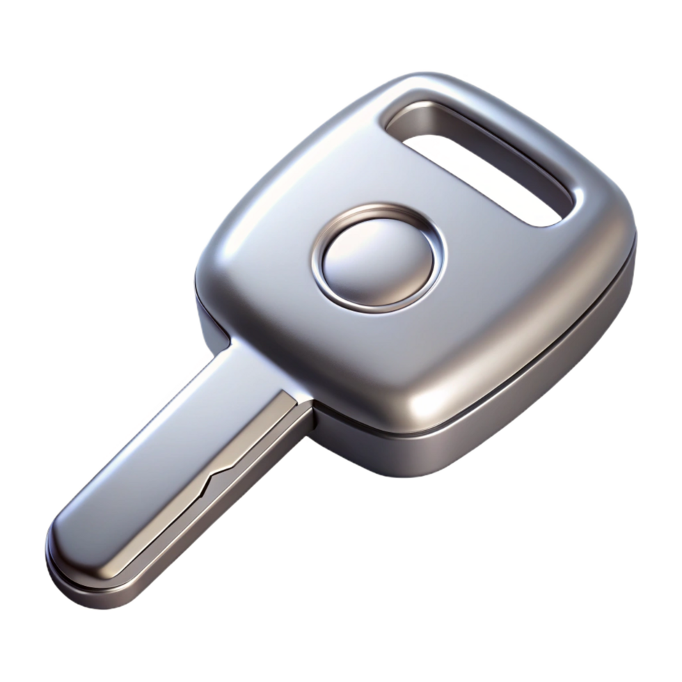 dramatic industrial Silver car key, with logo placeholder, metallic finish, soft lighting, top-down view, render, isolateon transparent background,high-resolution product photography high resolution png