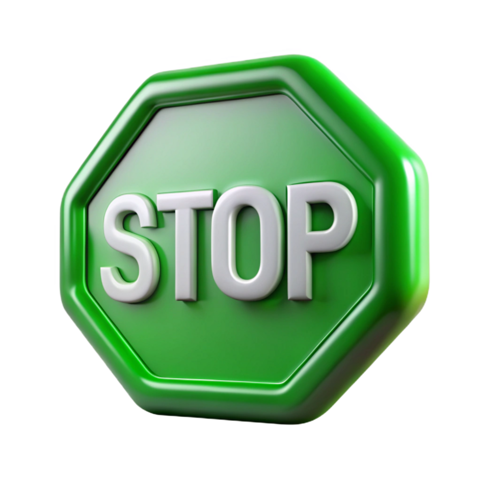 serene memorable Green stop sign, white lettering, metallic finish, studio lighting, front view, render, with transparent background,high-resolution product photography png