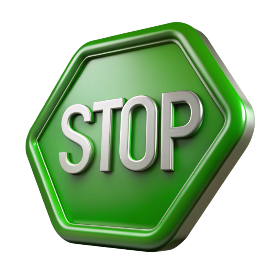 sought-after contemporary Green stop sign, white lettering, metallic finish, studio lighting, front view, render, with transparent background,high-resolution product photography high quality png