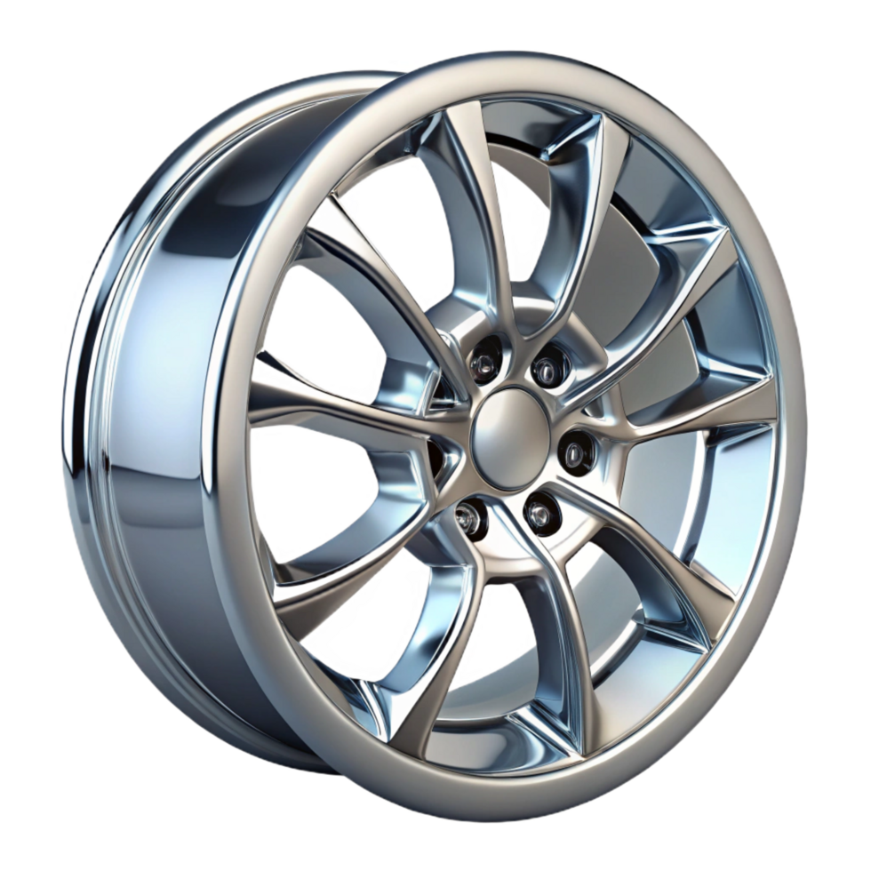 dazzling intense classic Chrome car wheel rim, detailespokes, glossy finish, studio lighting, front view, render, isolateon transparent background,high-resolution product photography precision png