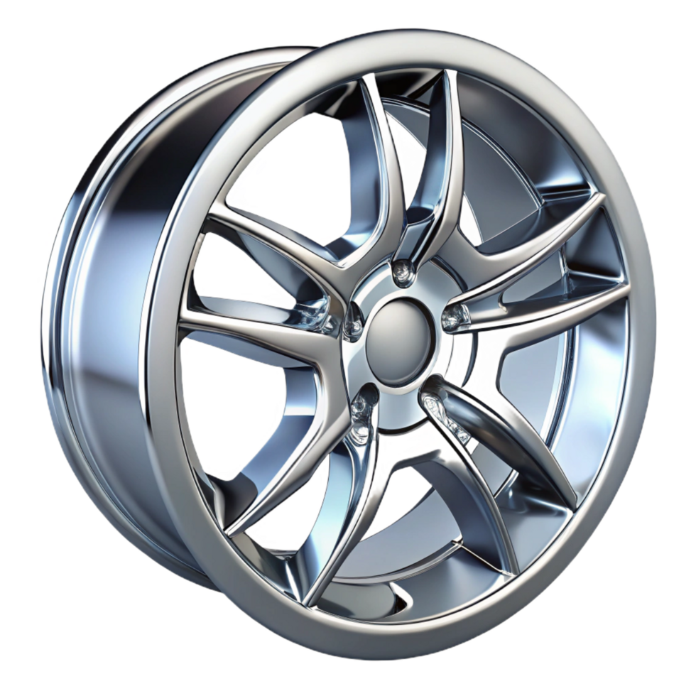 dramatic vibrant Chrome car wheel rim, detailespokes, glossy finish, studio lighting, front view, render, isolateon transparent background,high-resolution product photography flawless png