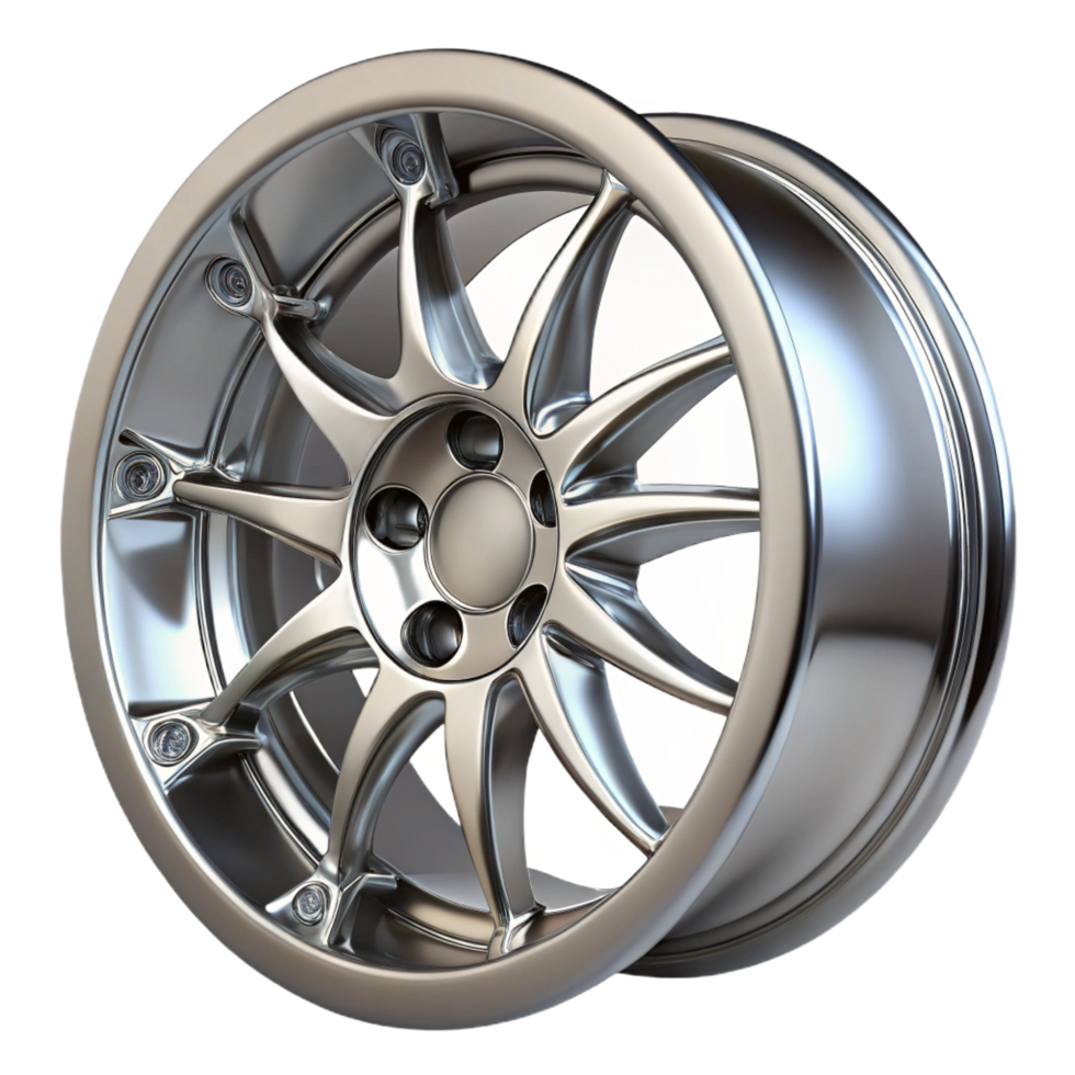 immaculate quintessential Chrome car wheel rim, detailespokes, glossy finish, studio lighting, front view, render, isolateon transparent background,high-resolution product photography png