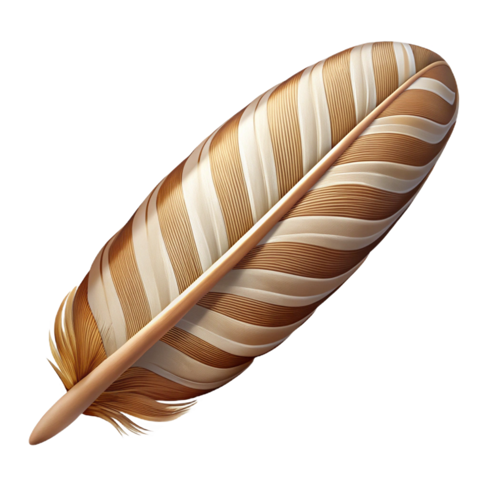 nostalgic mesmerizing A single, harpy feather, barrebrown anwhite, realistic texture, soft lighting, photorealistic, isolateon transparent background,high-resolution product photography 8K png