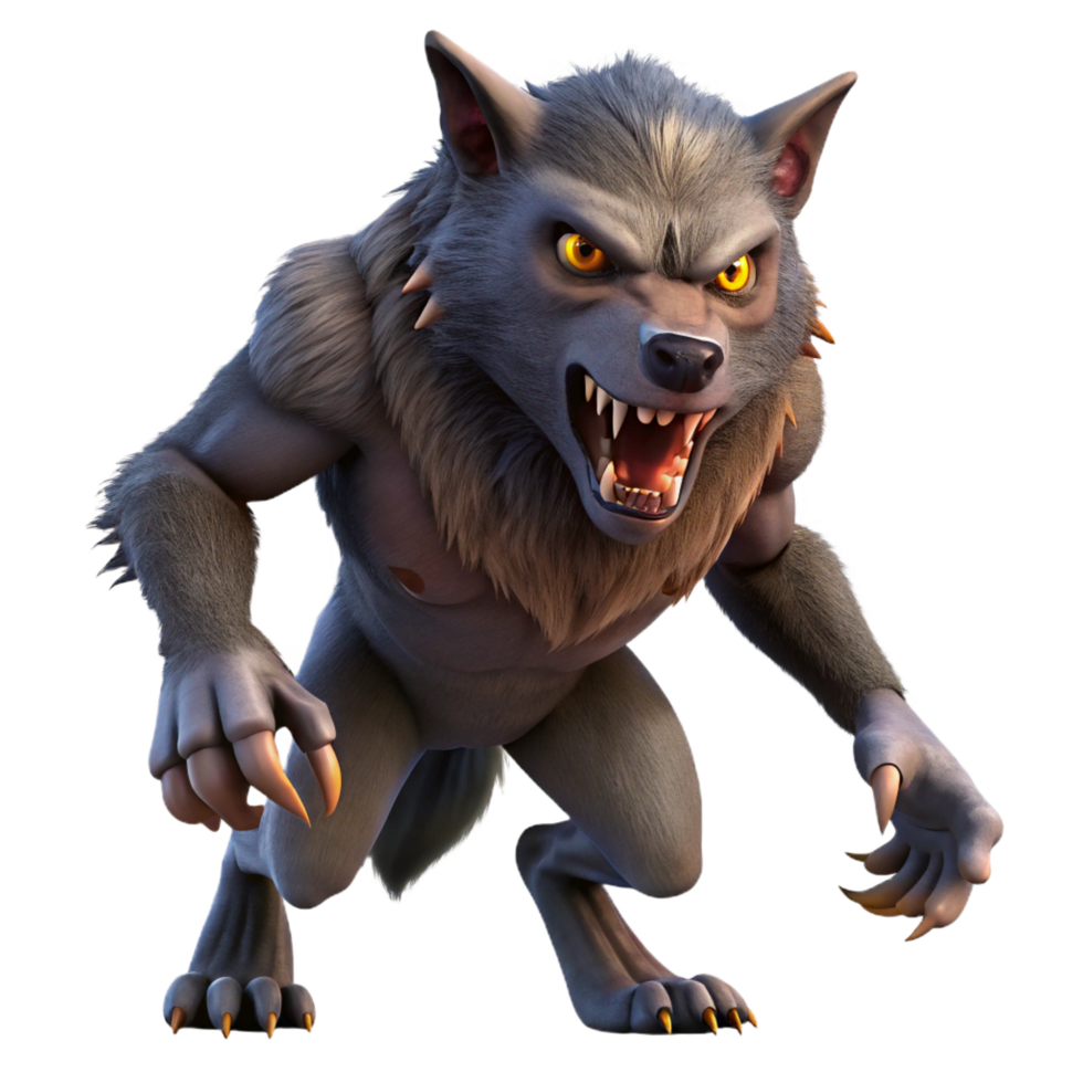 calm impressive A menacing werewolf with sharp claws, fur coat, glowing eyes, dramatic lighting, side view, photorealistic, isolateon transparent background,high-resolution product photography elite png