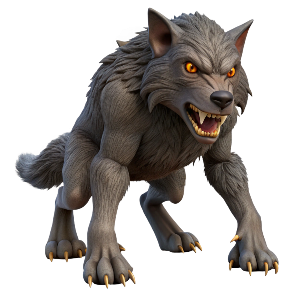 majestic nordic A menacing werewolf with sharp claws, fur coat, glowing eyes, dramatic lighting, side view, photorealistic, isolateon transparent background,high-resolution product photography 4K png