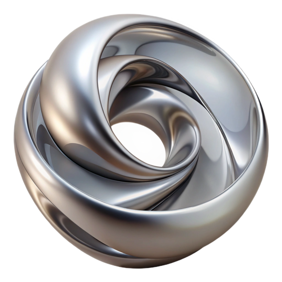 beautiful elegant Abstract sculpture, swirling polishechrome form, reflecting light, dramatic lighting, front view, isolateon transparent background,high-resolution product photography original png