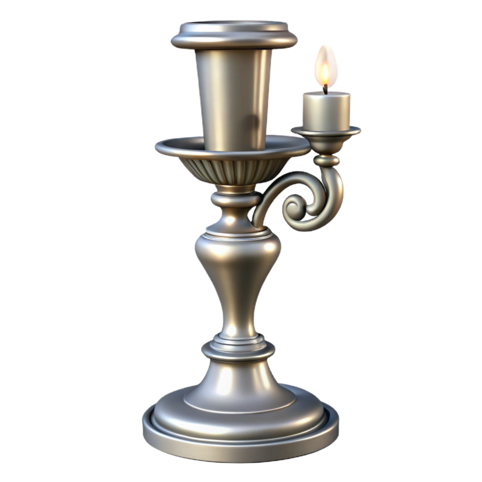 calm gorgeous Silver candlestick, ornate design, polishefinish, dramatic lighting, front view, isolateon transparent background,high-resolution product photography gallery standard png