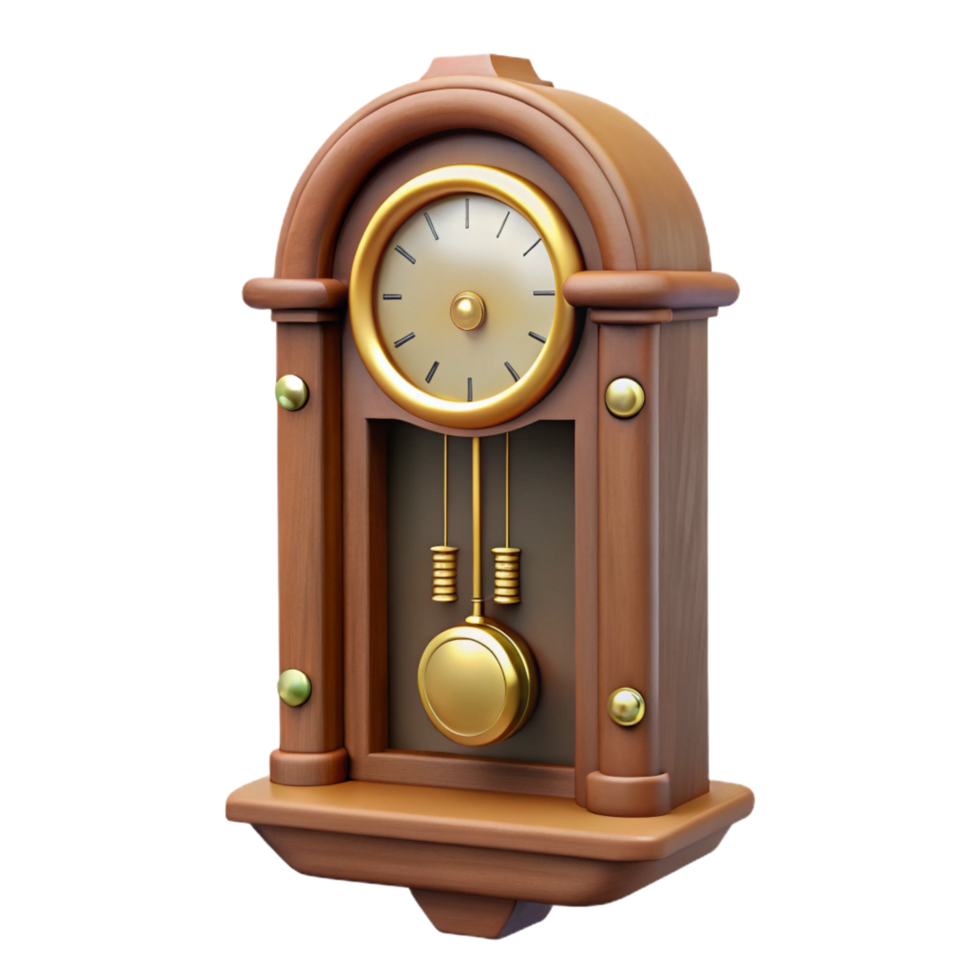 pristine exemplary Antique wall clock, pendulum, wooden case, soft lighting, front view, isolateon transparent background,high-resolution product photography png
