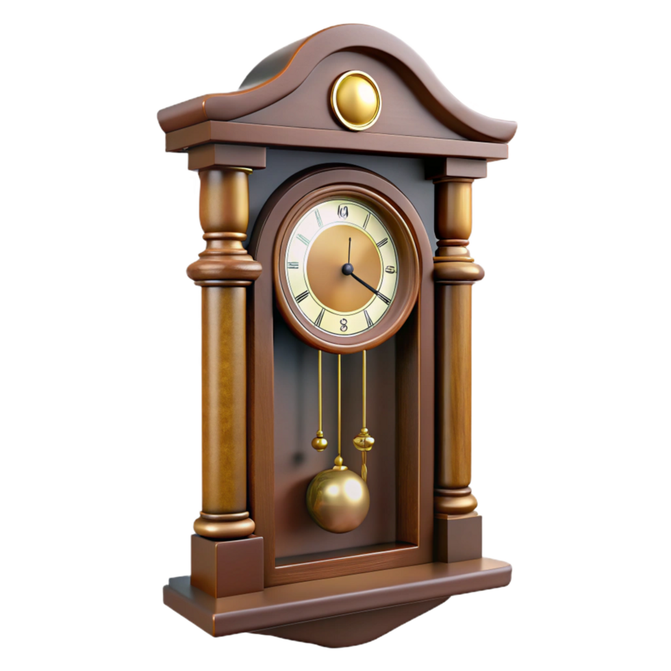 splendiquintessential Antique wall clock, pendulum, wooden case, soft lighting, front view, isolateon transparent background,high-resolution product photography png