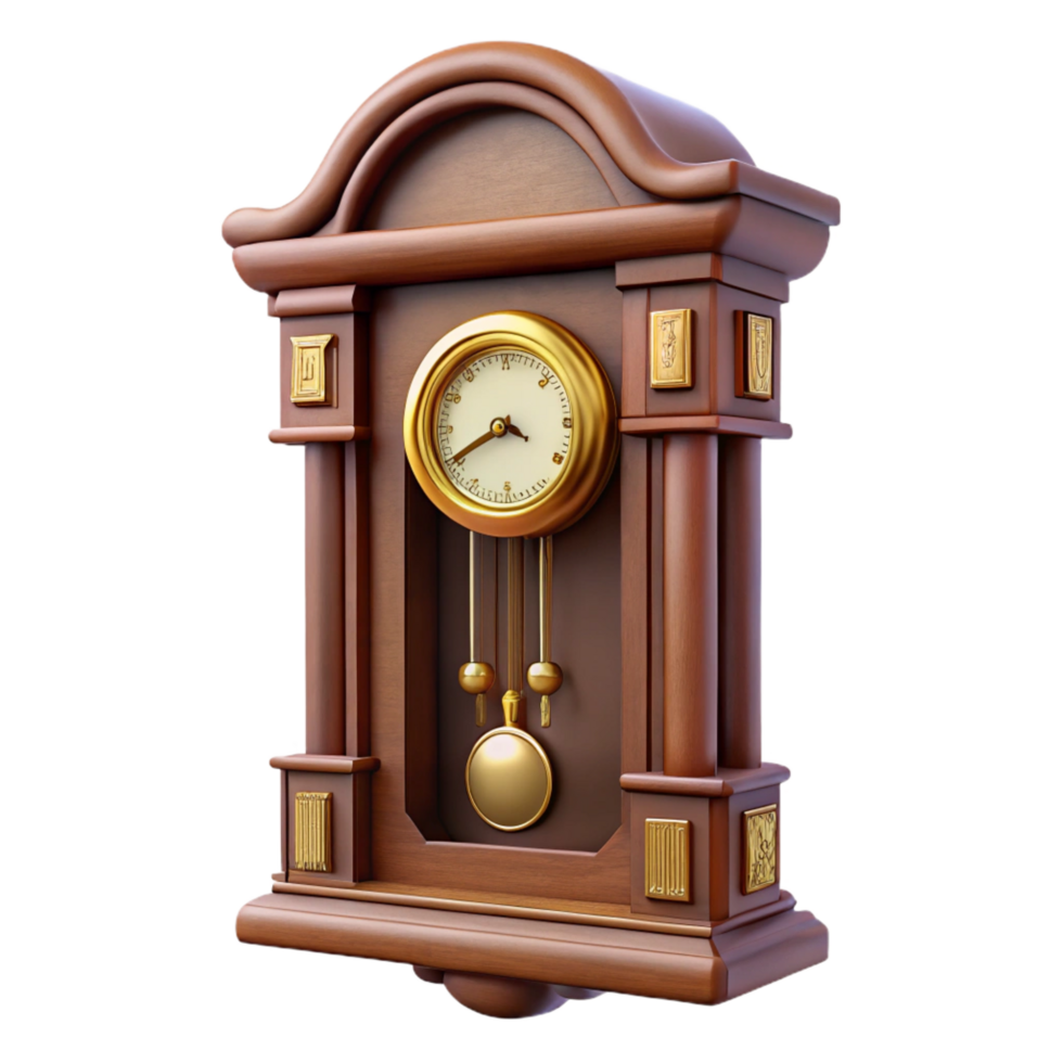 peaceful sumptuous Antique wall clock, pendulum, wooden case, soft lighting, front view, isolateon transparent background,high-resolution product photography genuine png