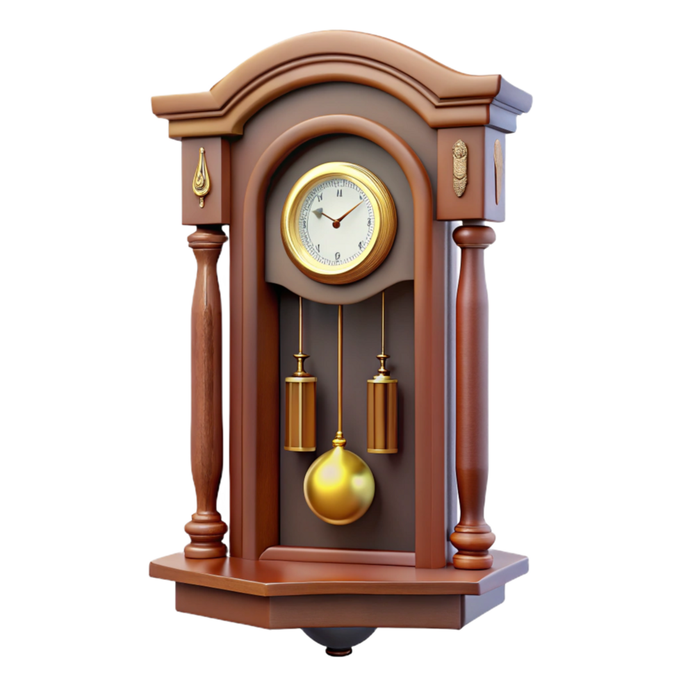 remarkable geometric Antique wall clock, pendulum, wooden case, soft lighting, front view, isolateon transparent background,high-resolution product photography sharp png