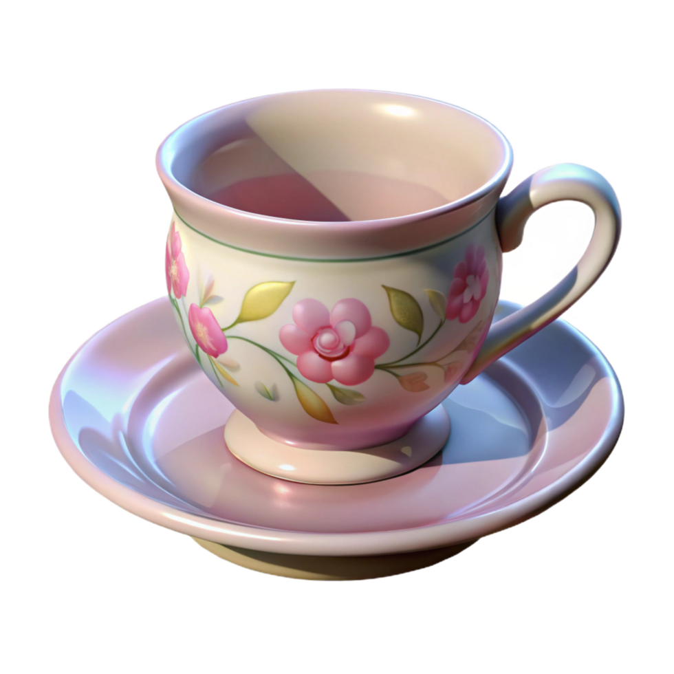 remarkable tropical Porcelain teacup ansaucer, matching floral pattern, glossy finish, soft lighting, isolateon transparent background,high-resolution product photography professional png