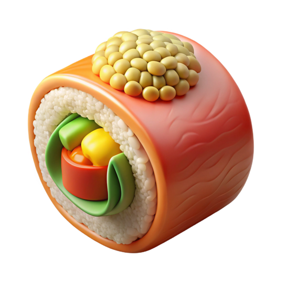 alluring signature Rainbow roll, assortefish, avocado, cucumber, sesame seeds, soft lighting, front view, render, isolateon transparent background,high-resolution product photography png