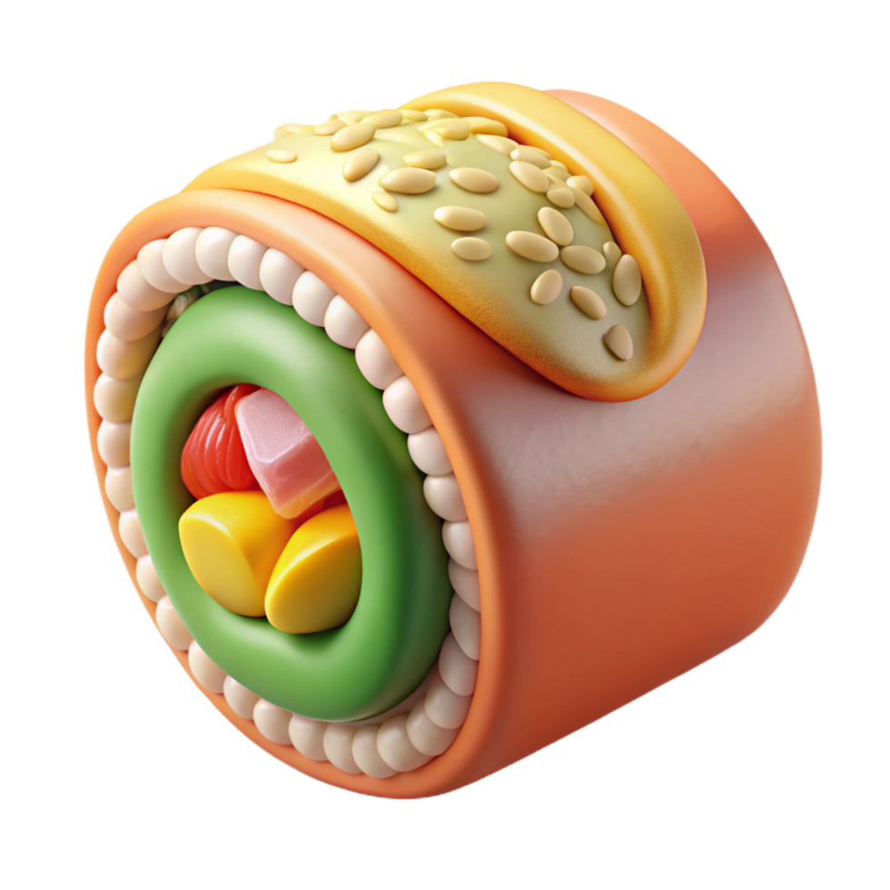 playful beautiful Rainbow roll, assortefish, avocado, cucumber, sesame seeds, soft lighting, front view, render, isolateon transparent background,high-resolution product photography artisan png