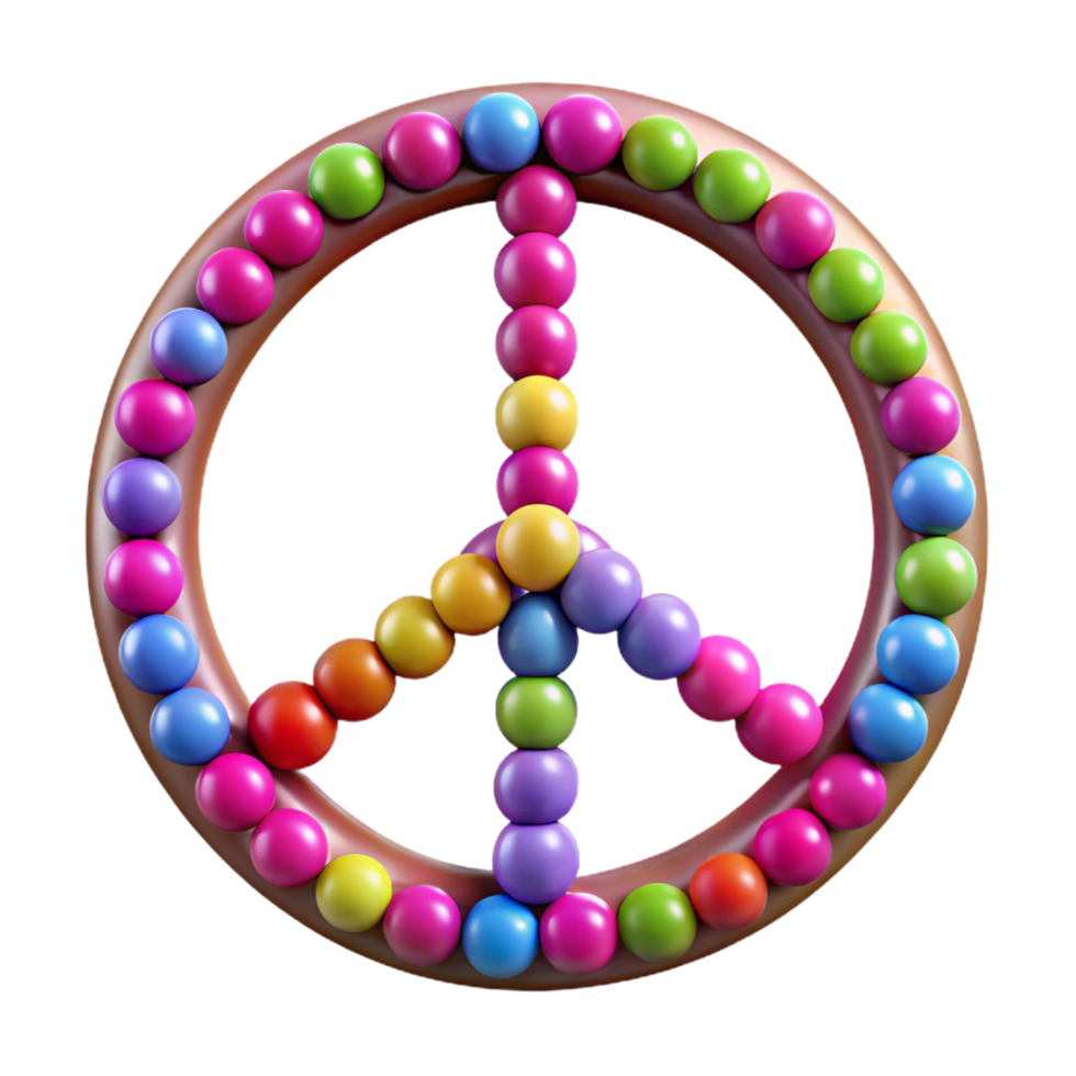 elegant avant-garde Beadelogo of a peace sign, colorful beads, glossy finish, soft lighting, front view, product shot, isolateon transparent background,high-resolution product photography 4K png