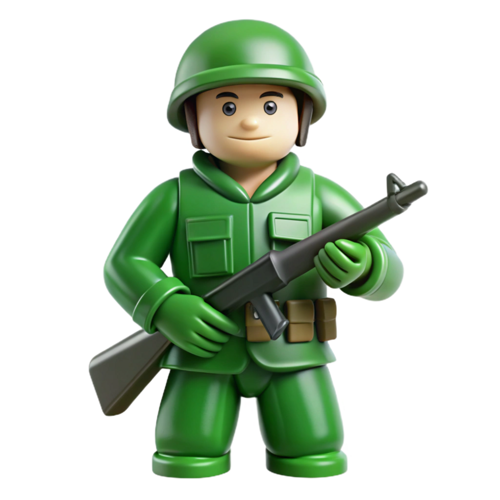 intense beautiful Green plastic toy soldier, detaileuniform anrifle, matte finish, dramatic lighting, side view, isolateon transparent background,high-resolution product photography professional png