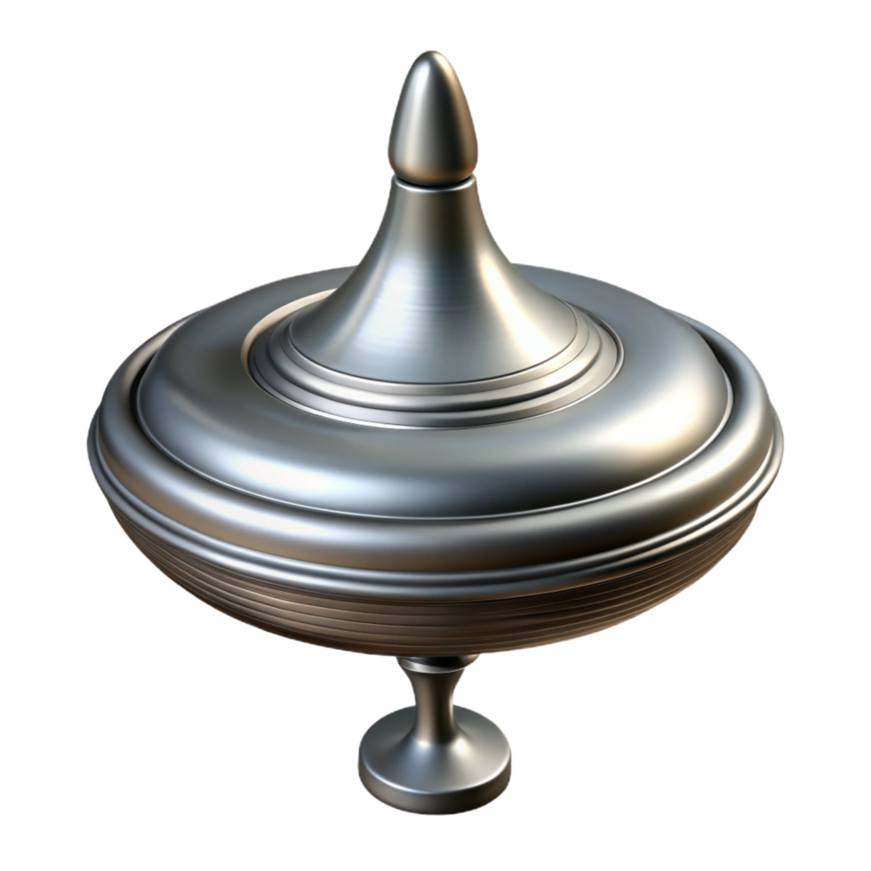 joyful mesmerizing Metal spinning top, metallic finish, intricate engravings, dramatic lighting, isolateon transparent background,high-resolution product photography gallery standard png