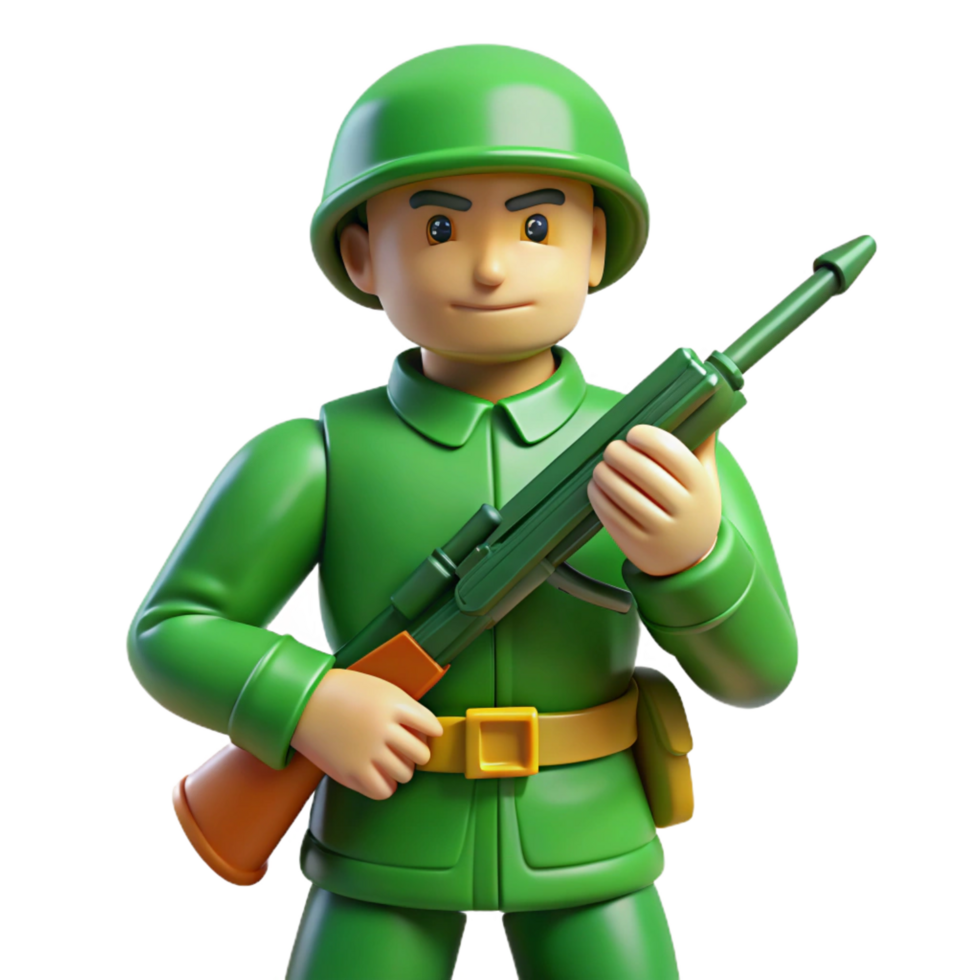 joyful wonderful Green plastic toy soldier, detaileuniform anrifle, matte finish, dramatic lighting, side view, isolateon transparent background,high-resolution product photography perfect clarity png